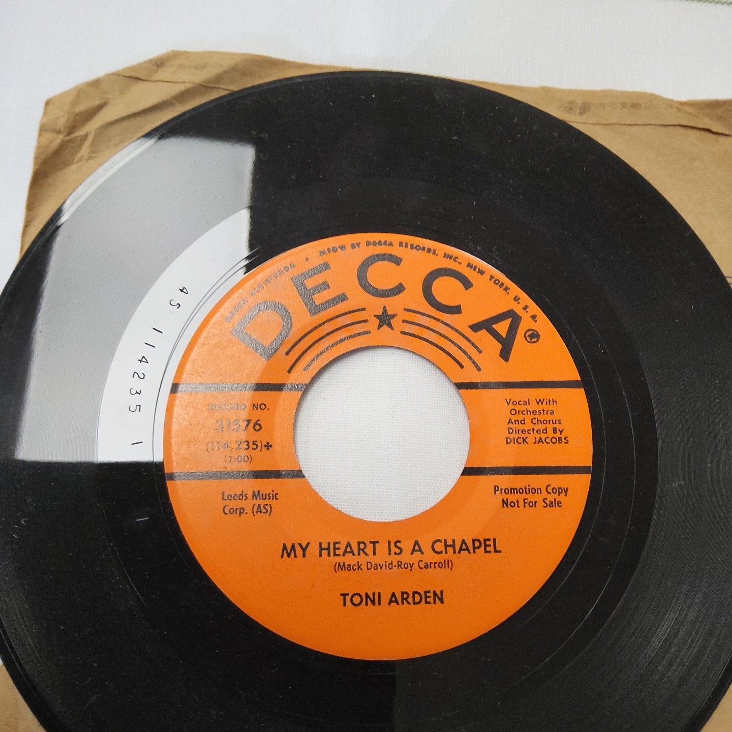 45 double sided Toni Arden " In the summer of his years" and My heart is a chapel featuring Mack David and Ray Carroll