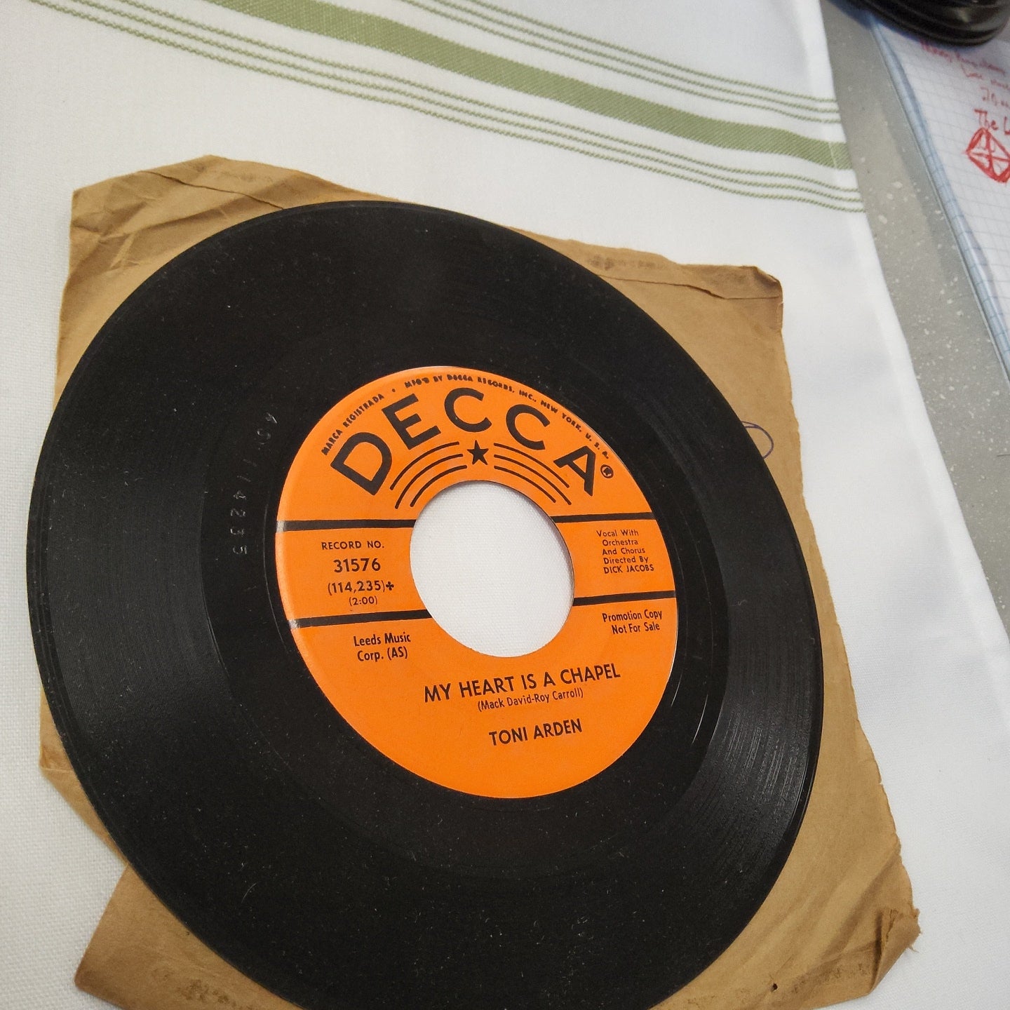 45 double sided Toni Arden " In the summer of his years" and My heart is a chapel featuring Mack David and Ray Carroll