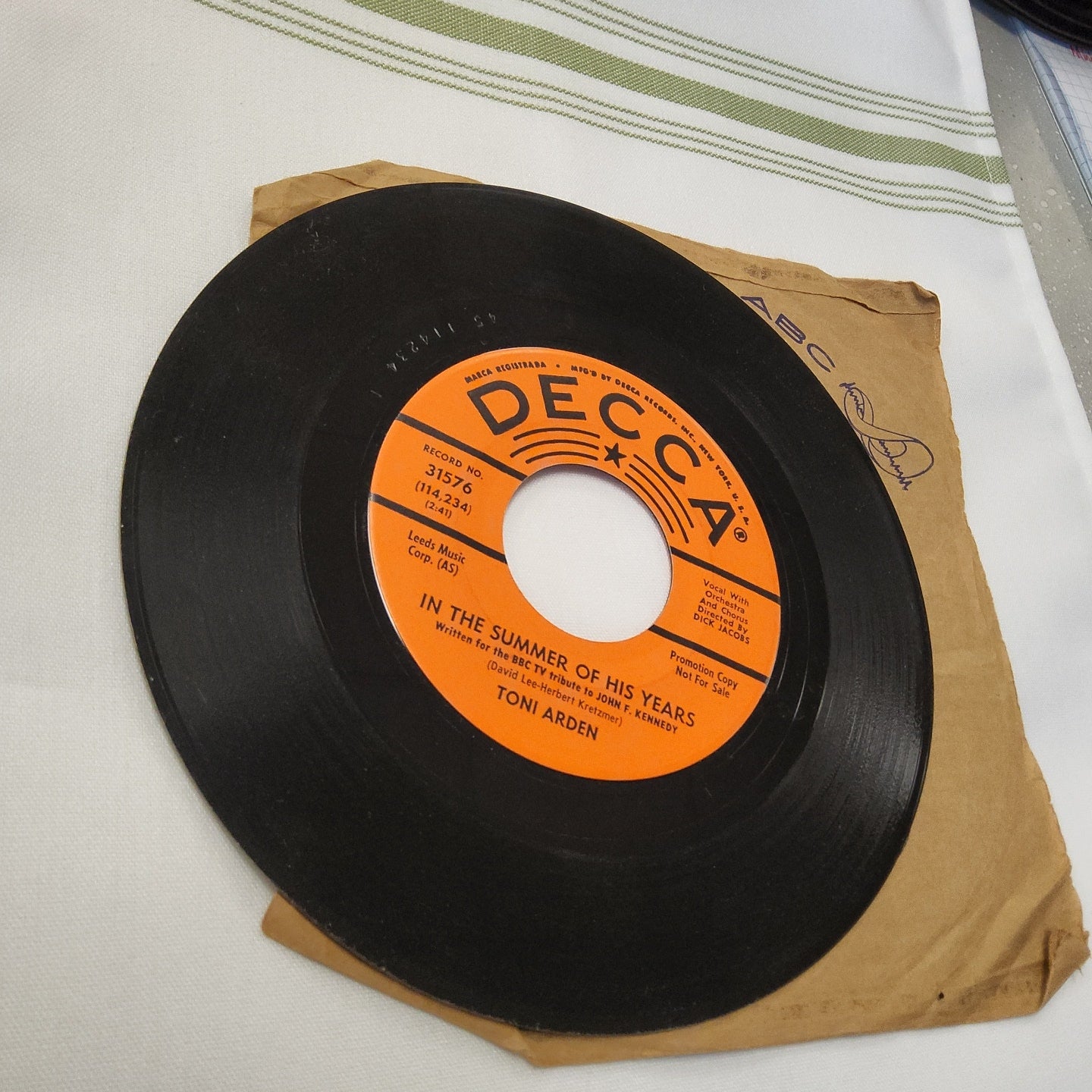 45 double sided Toni Arden " In the summer of his years" and My heart is a chapel featuring Mack David and Ray Carroll