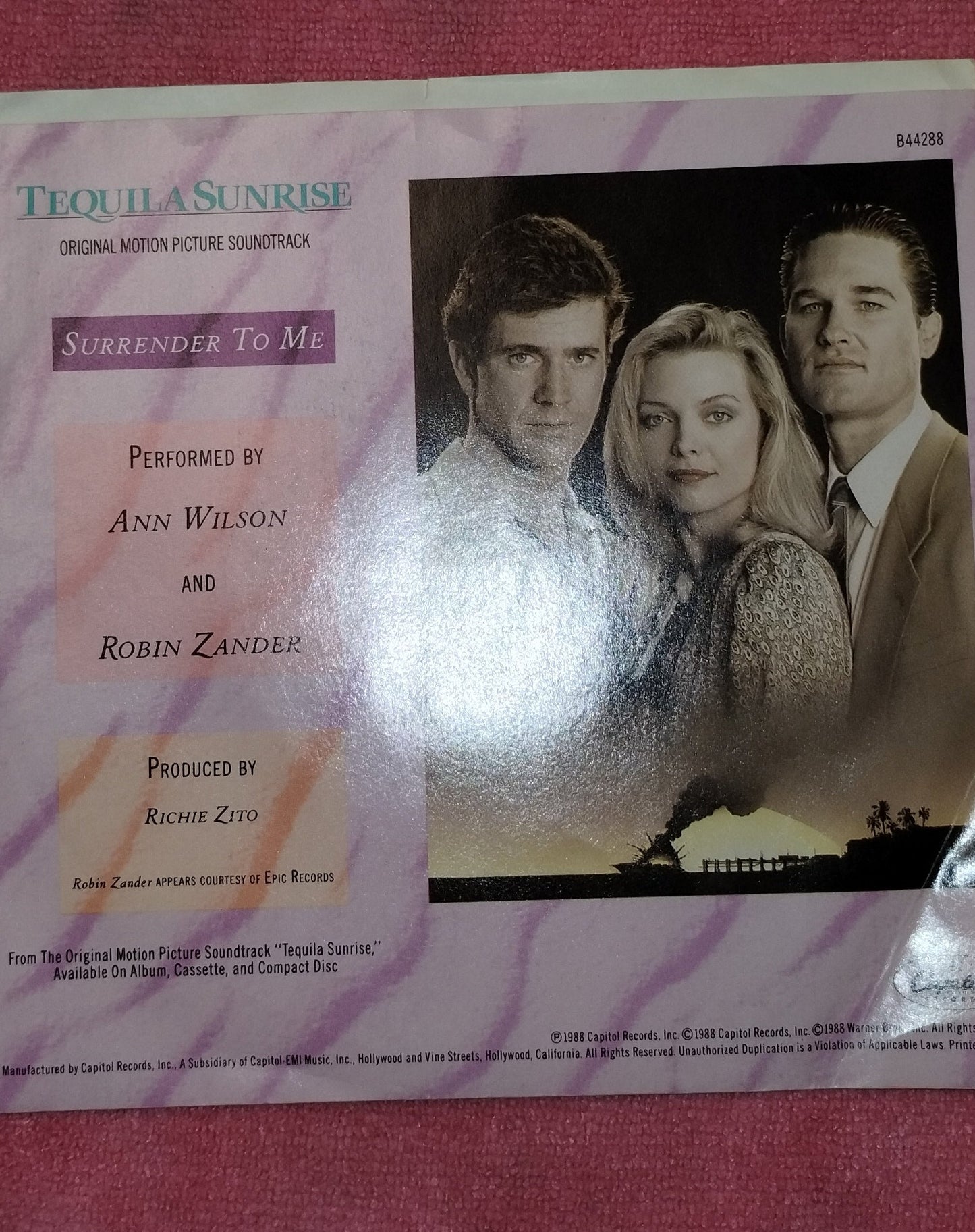 45 double sided Tequila Sunrise record "Surrender to me featuring Ann Wilson and Robin Zander" and "Tequila dreams featuring Dave Grusin and Lee Ritenour"