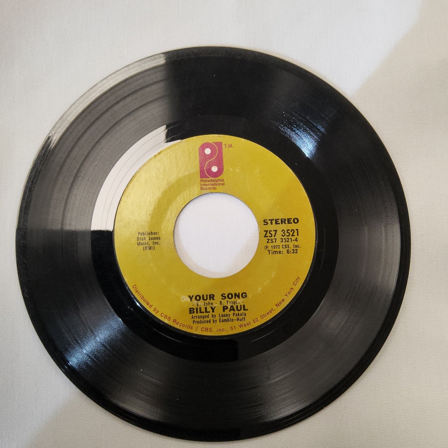 45 double sides record Billy Paul "Your Song" and "Me and Mrs. Jones"