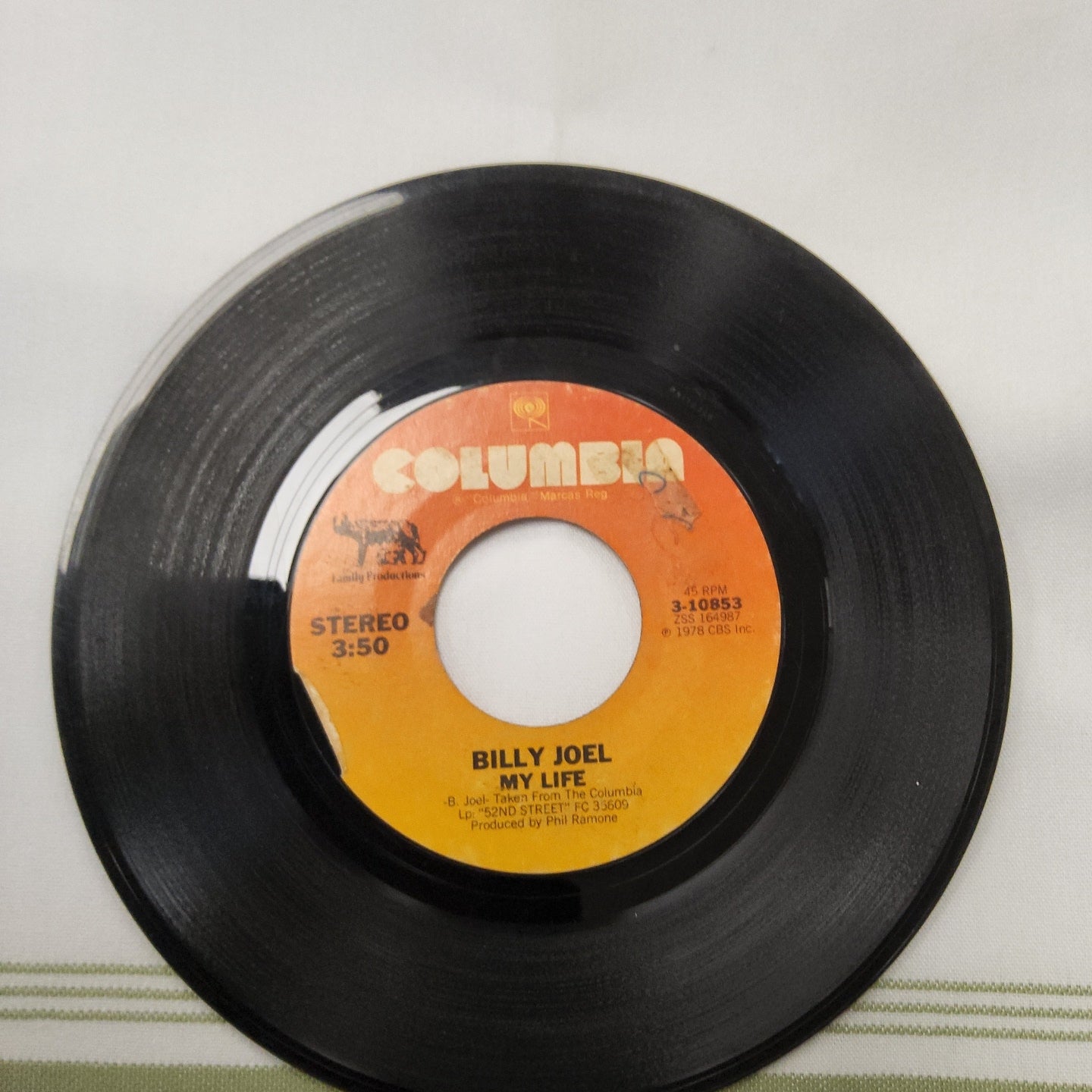 45 Columbia Record Billy Joel "  My Life" and " 52nd Street"