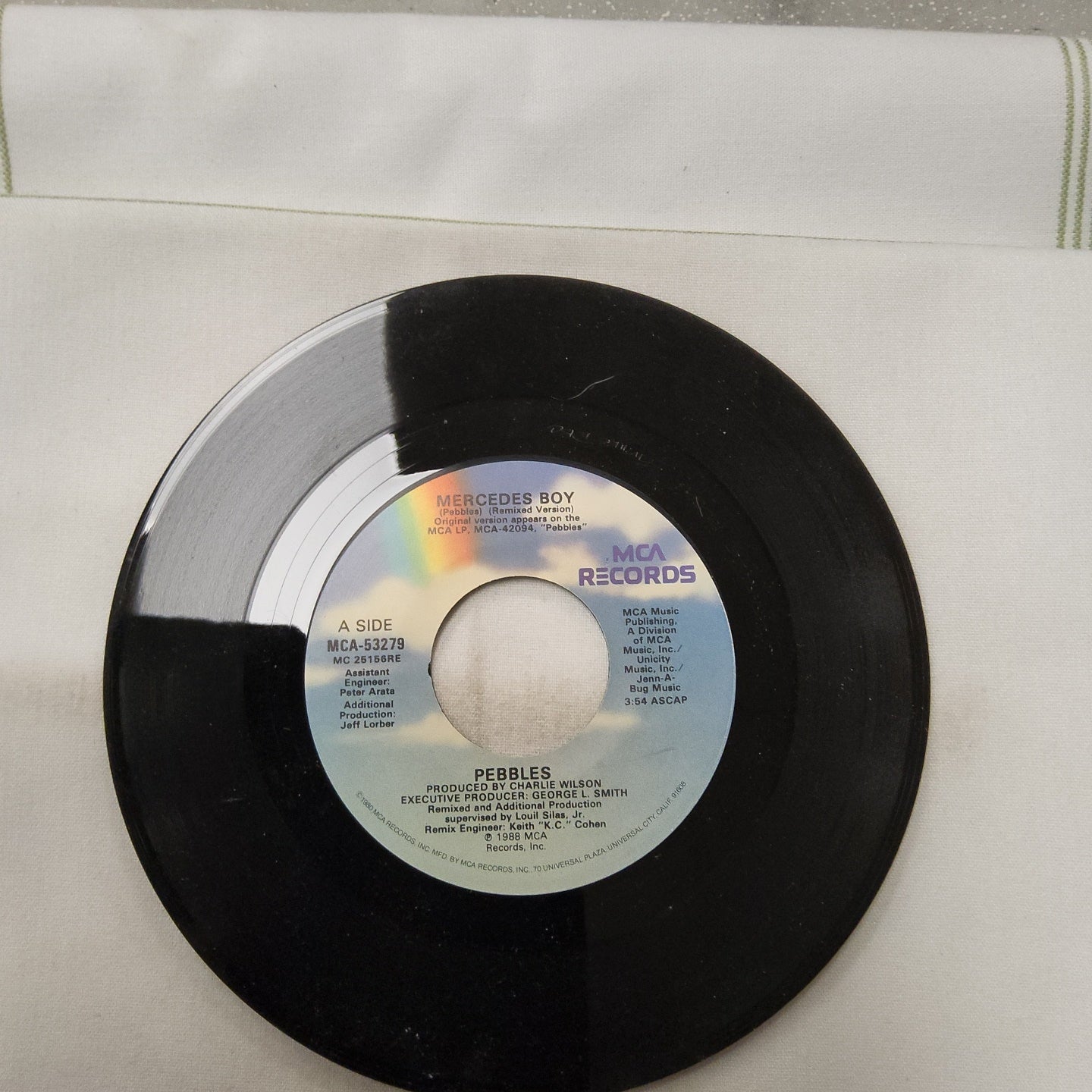 45 double sided record by Pebbles "Mercedes Boy" instrumental and remix version