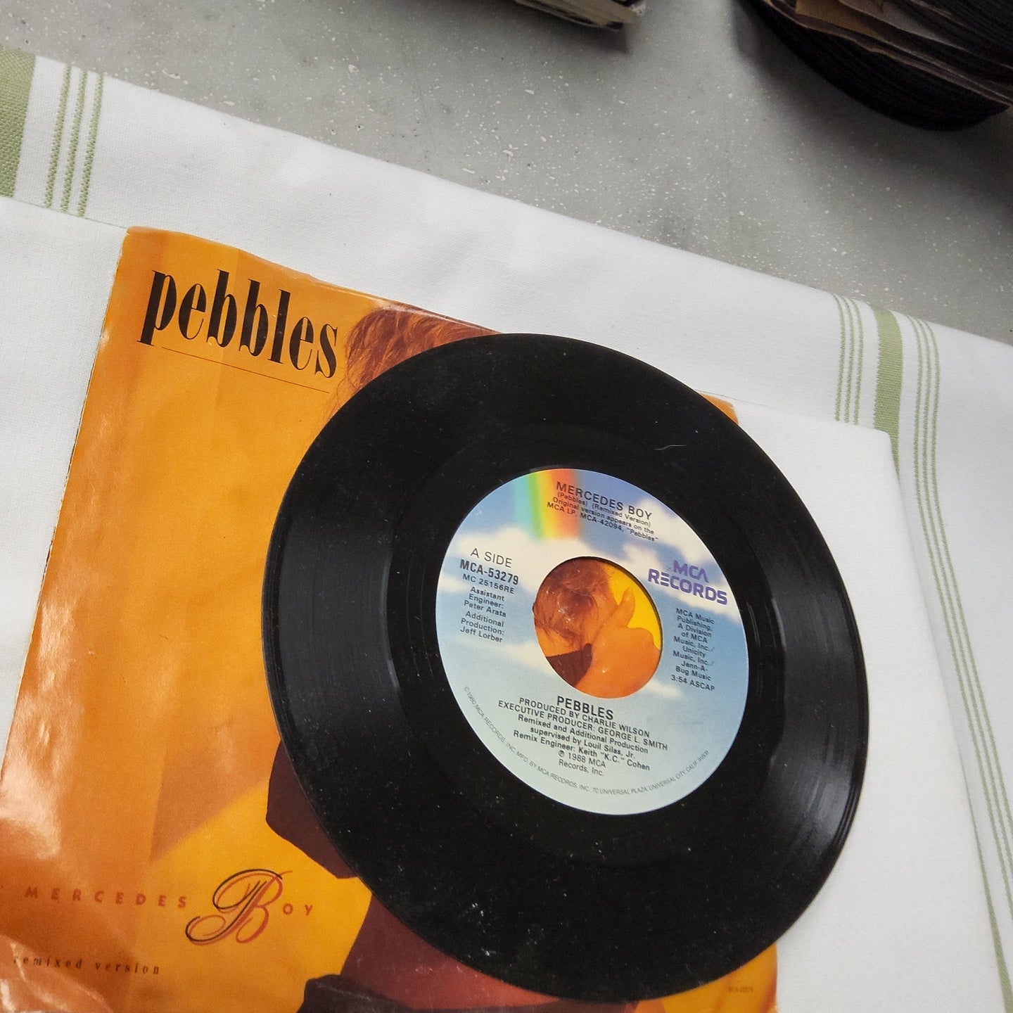 45 double sided record by Pebbles "Mercedes Boy" instrumental and remix version