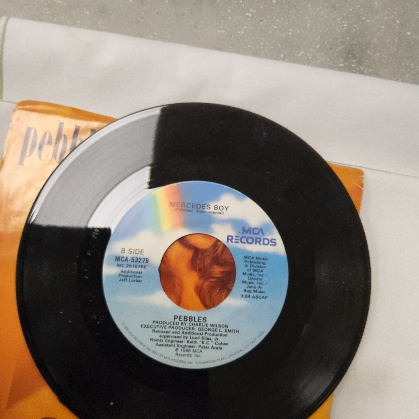 45 double sided record by Pebbles "Mercedes Boy" instrumental and remix version