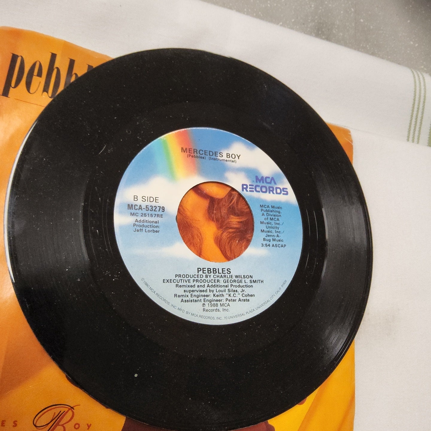 45 double sided record by Pebbles "Mercedes Boy" instrumental and remix version