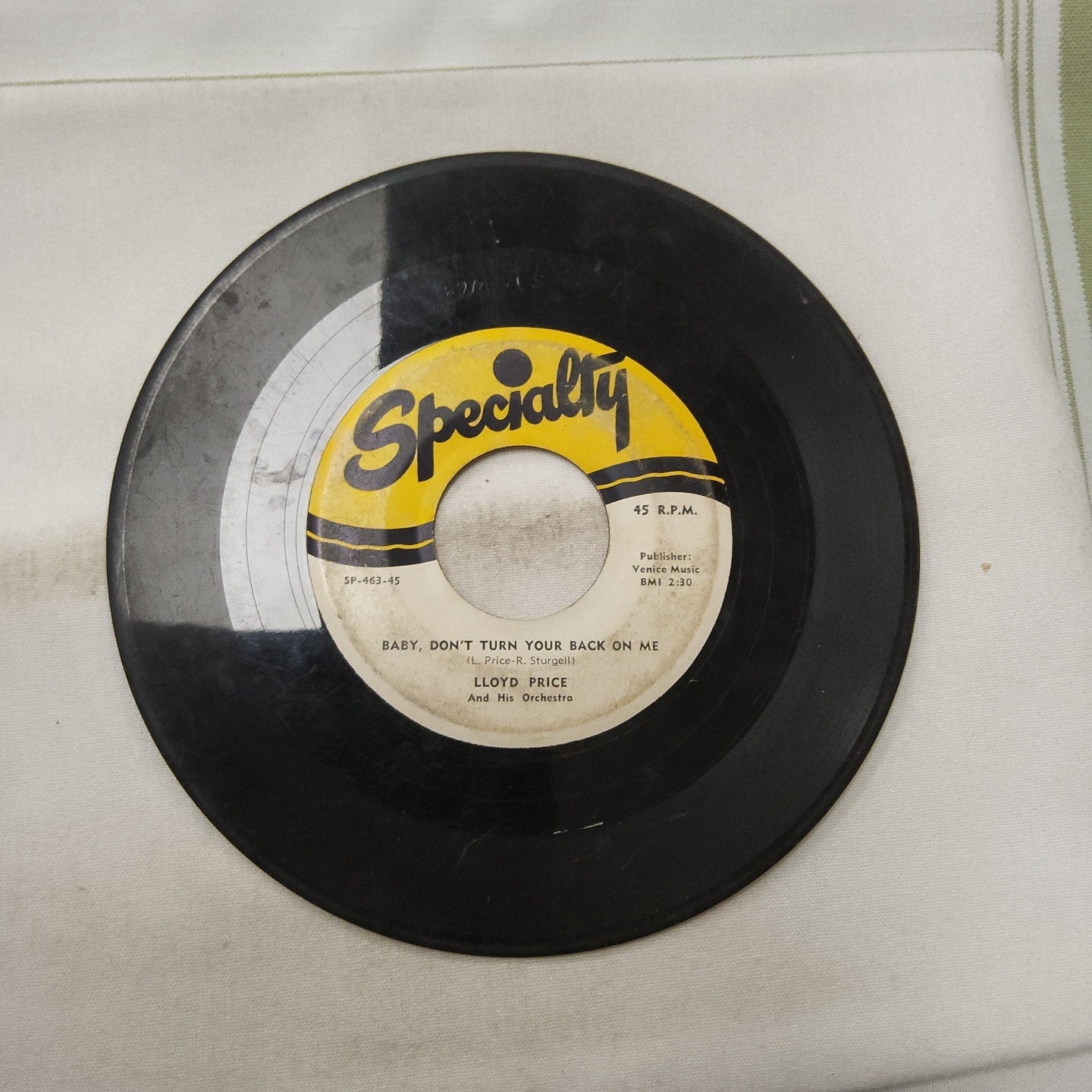 45 double sided record Lloyd Price "Baby, Don't turn your back on me" and "Where you at?"