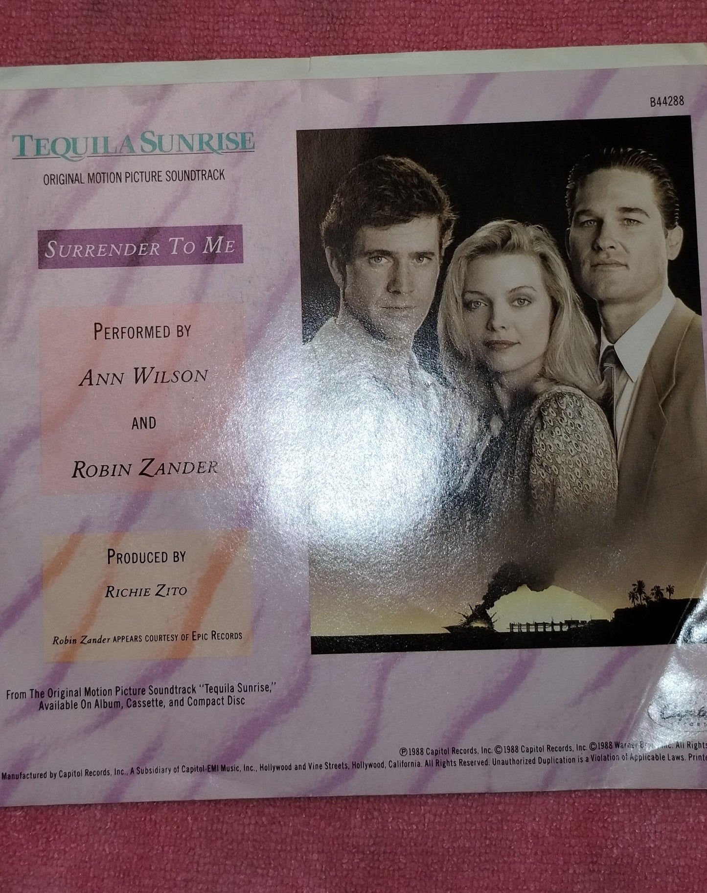 45 double sided Tequila Sunrise record "Surrender to me featuring Ann Wilson and Robin Zander" and  "Tequila dreams featuring Dave Grusin and Lee Ritenour"