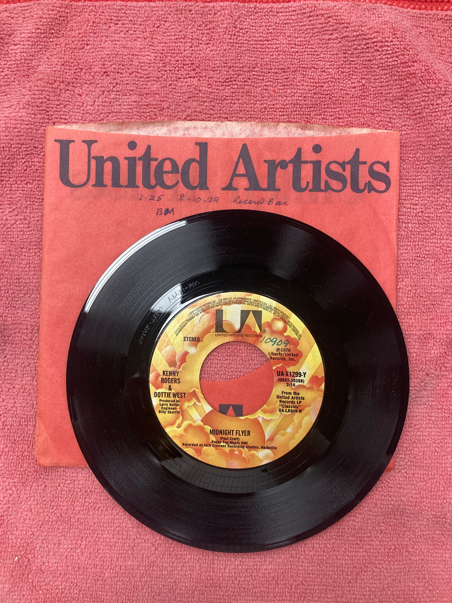 45 double sided record Kenny Rogers and Dottie West "Midnight Flyer" and "Til I can make it on my own"