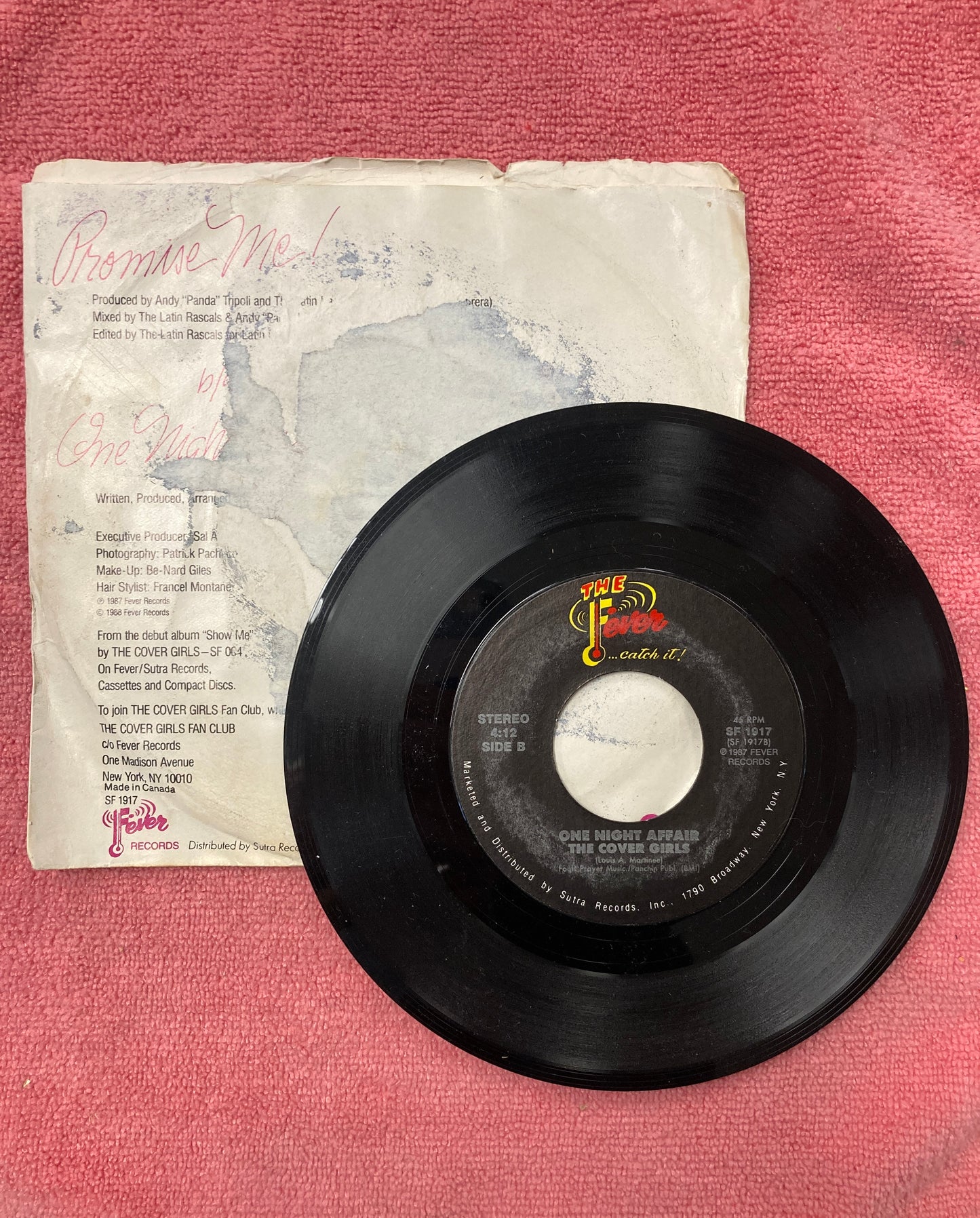 45 double sided record The Cover Girls "Promise Me" and "One Night Affair"