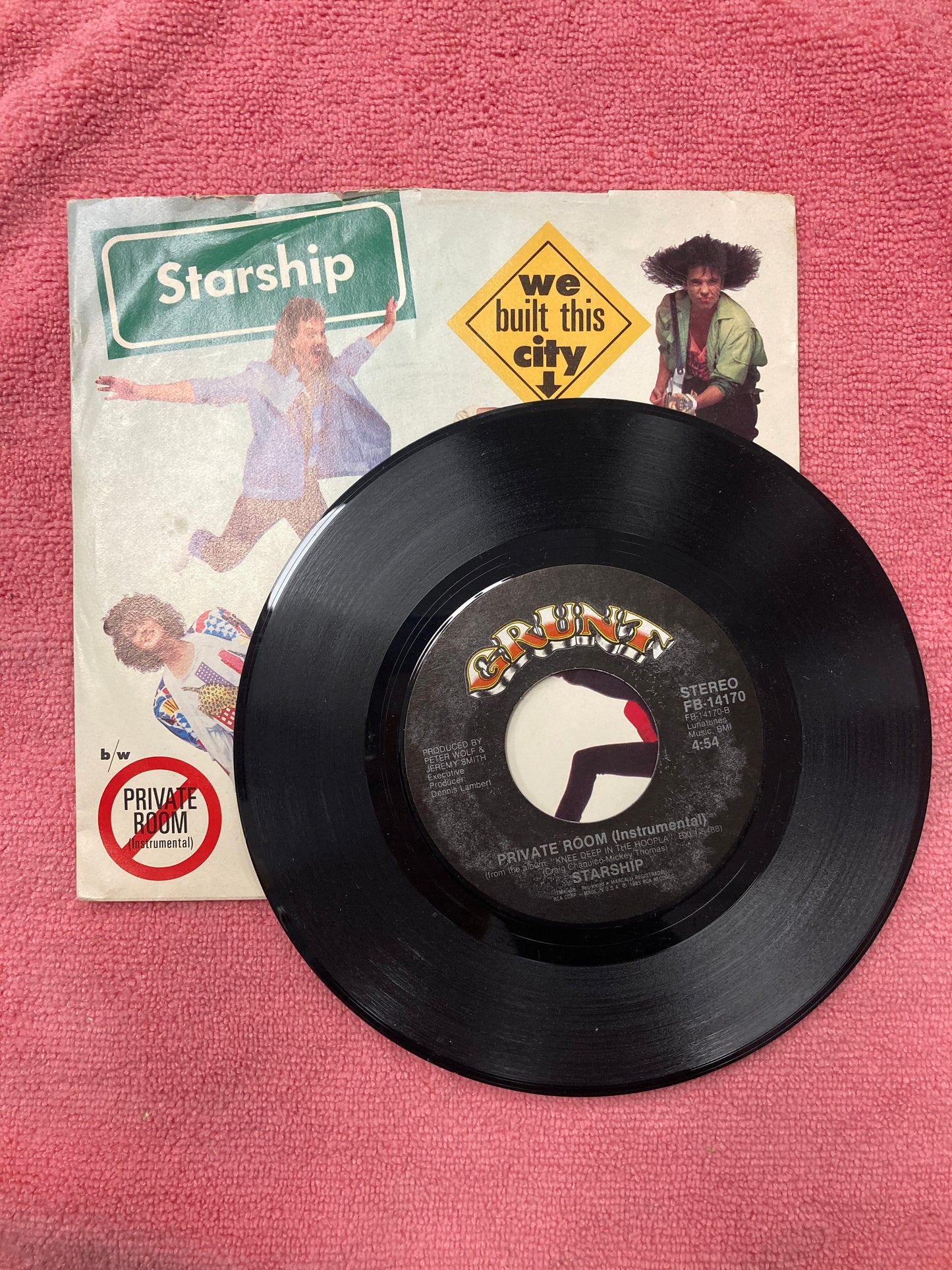 45 double sided record Starship "Private Room ( instrumental) " and "We built this city"