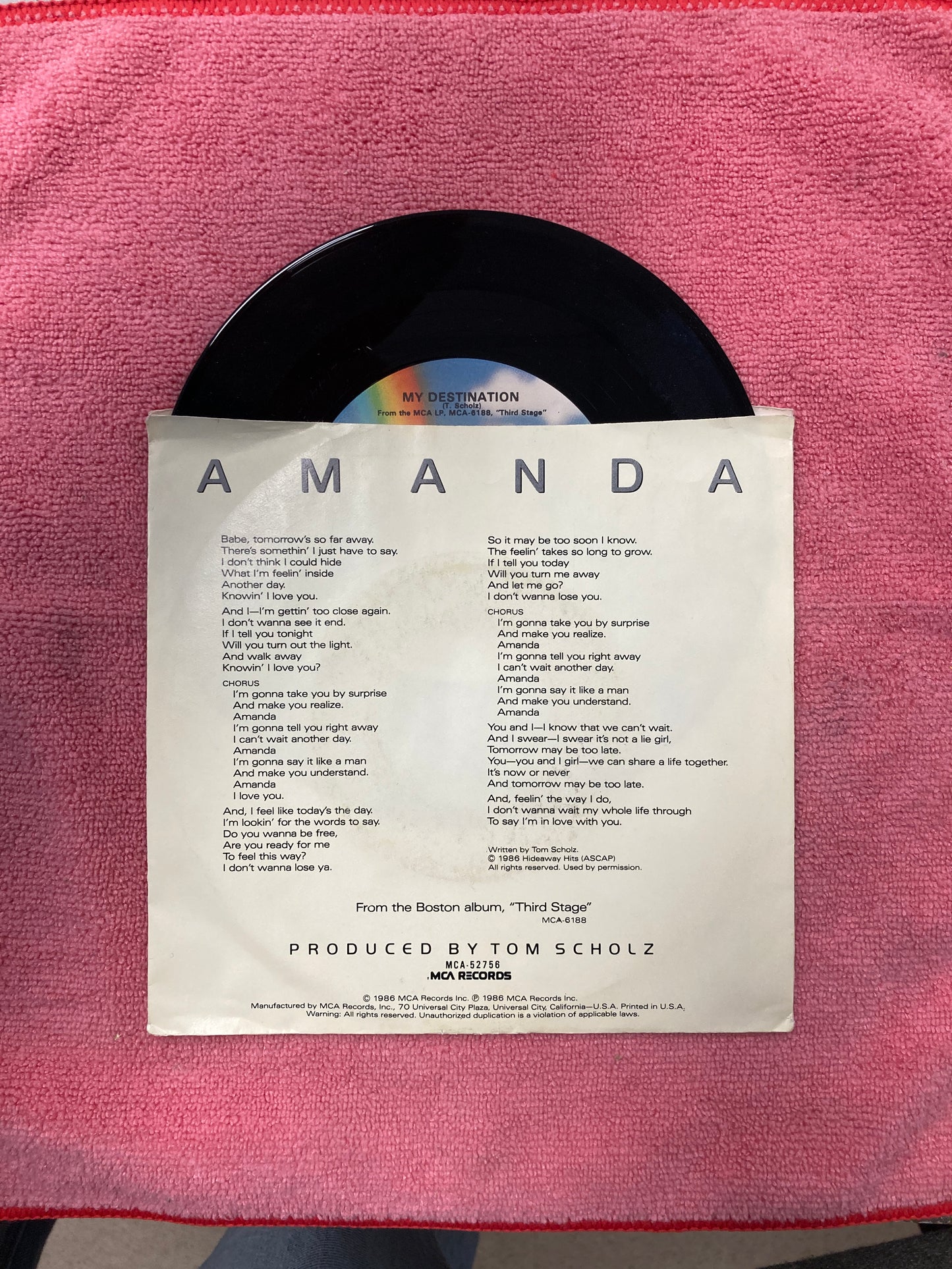 45 double sided record Boston "Amanda" and "My Destination"