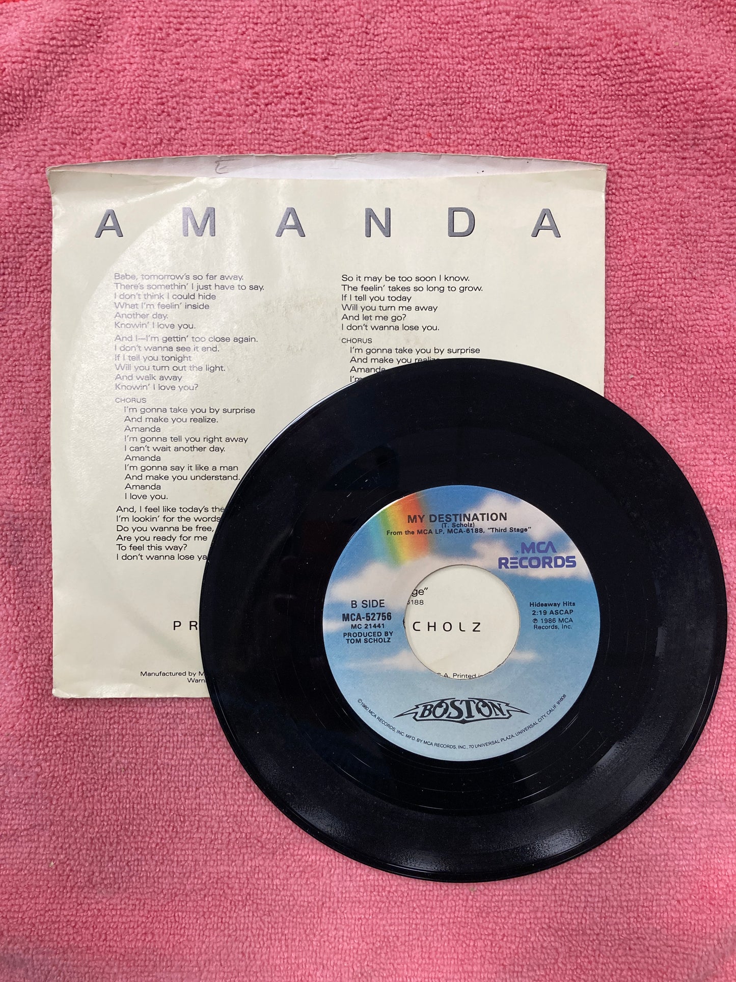 45 double sided record Boston "Amanda" and "My Destination"