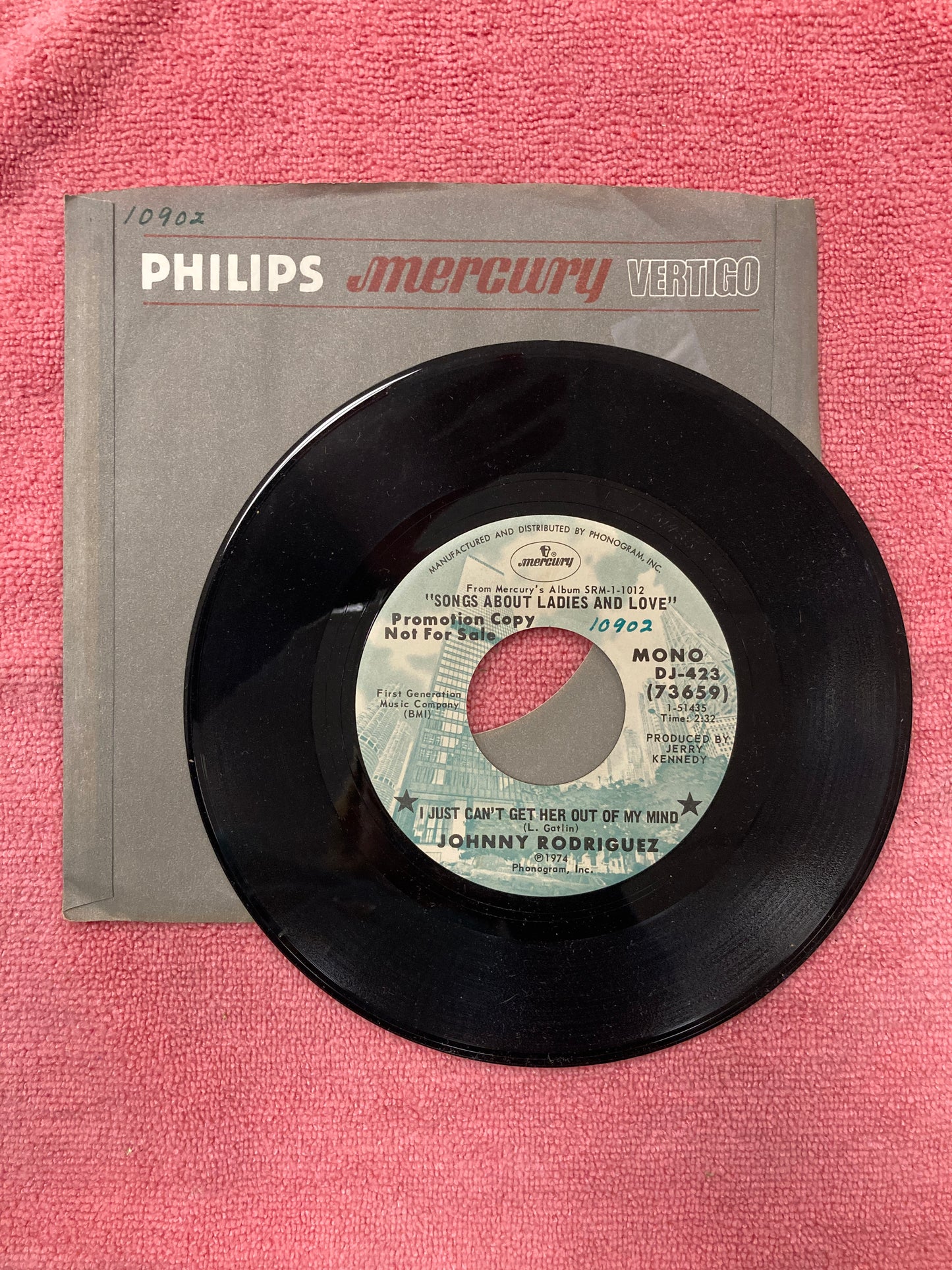 45 single sided record Johnny Rodriguez "I just can't get her off my mind"