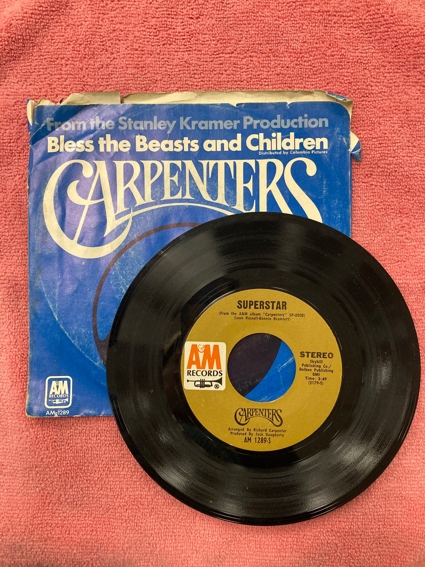 45 double sided record Carpenters "Superstar" and "Bless the beasts and children"