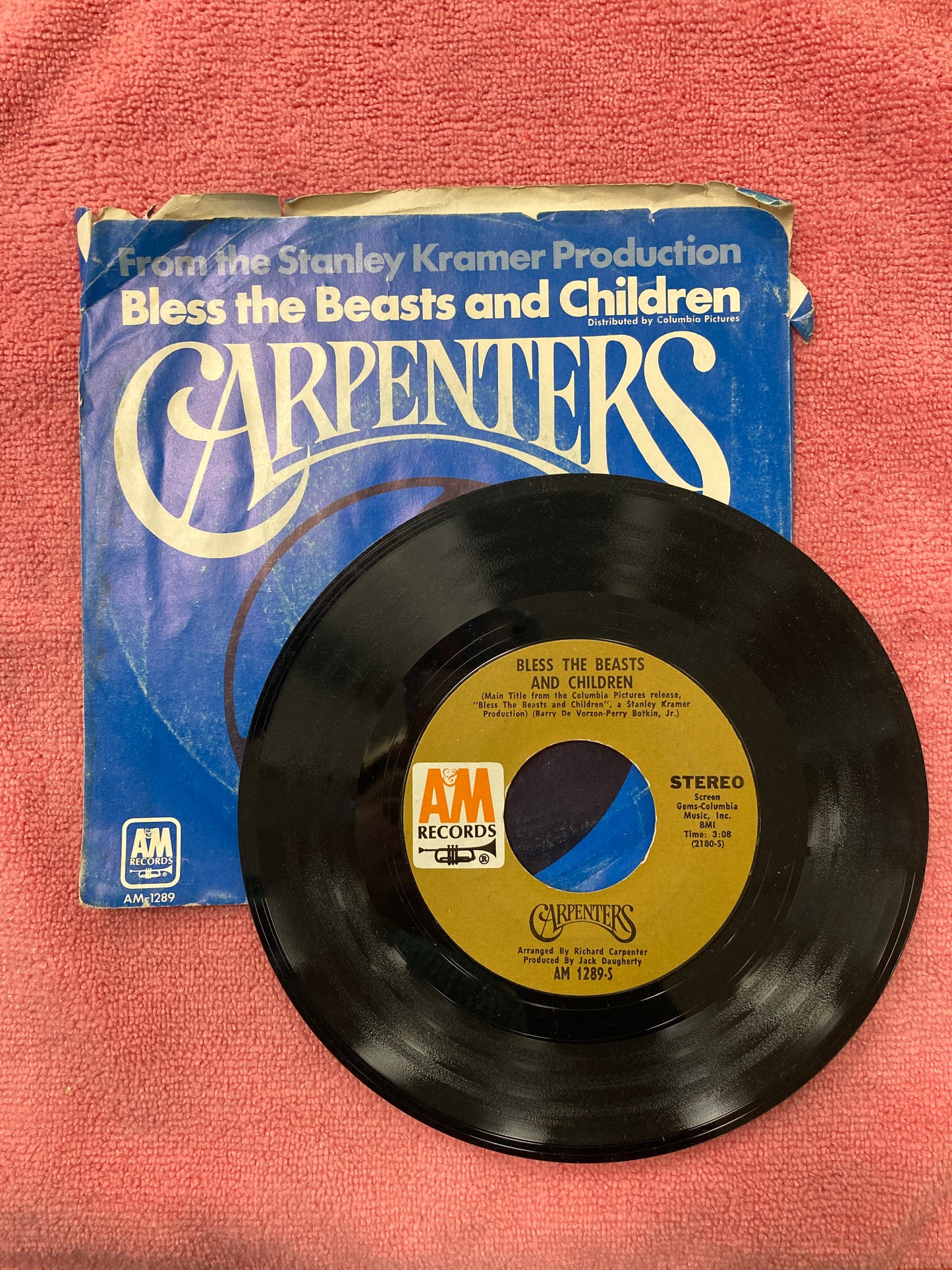 45 double sided record Carpenters "Superstar" and "Bless the beasts and children"