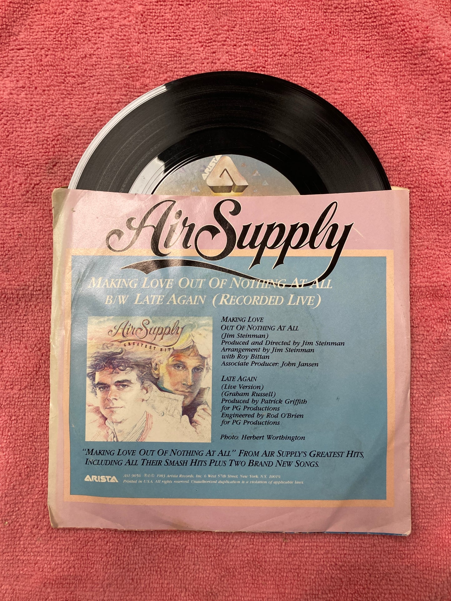 45 double sided record  Air Supply "Making love out of nothing at all" and "Late again ( live version)"