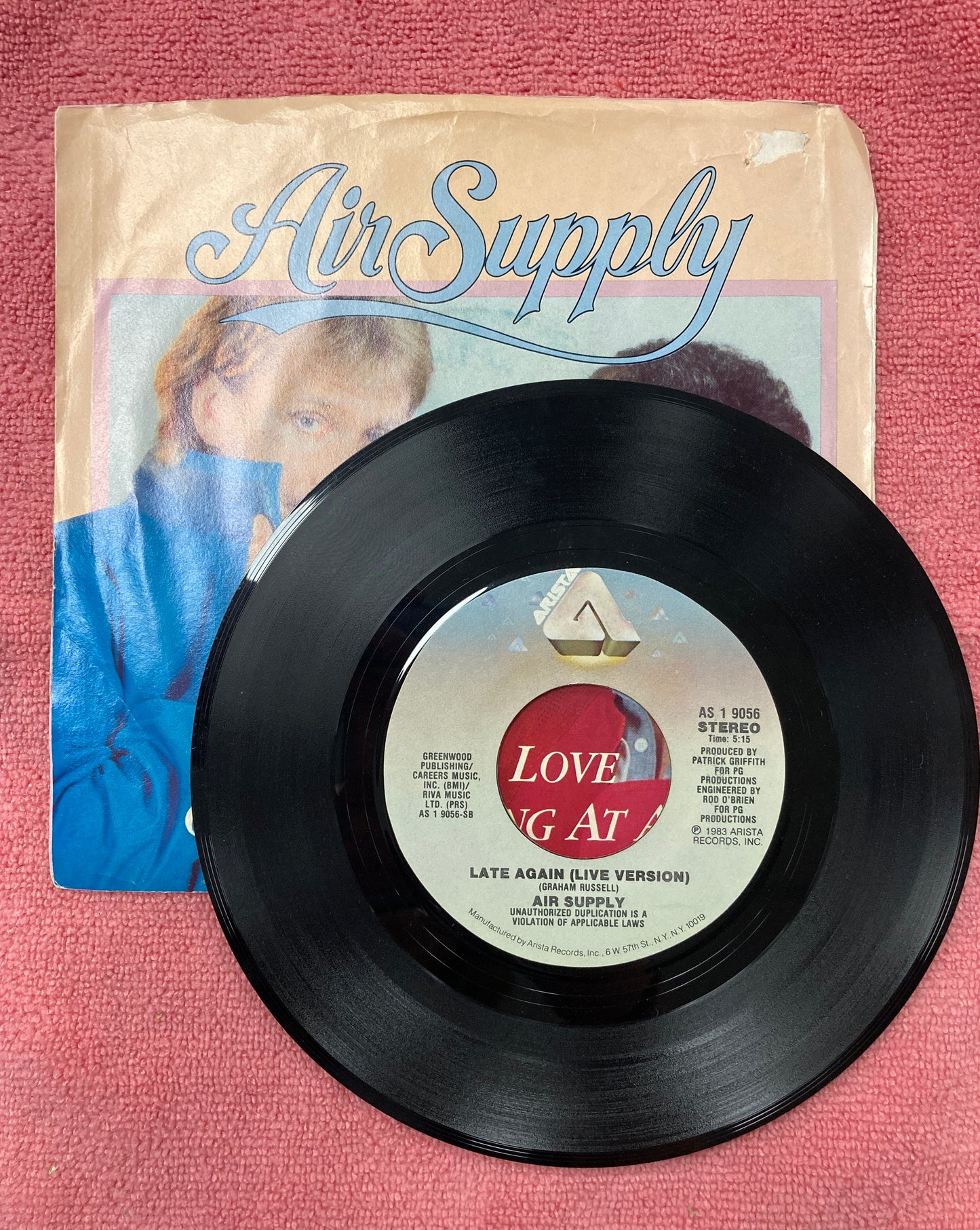 45 double sided record  Air Supply "Making love out of nothing at all" and "Late again ( live version)"