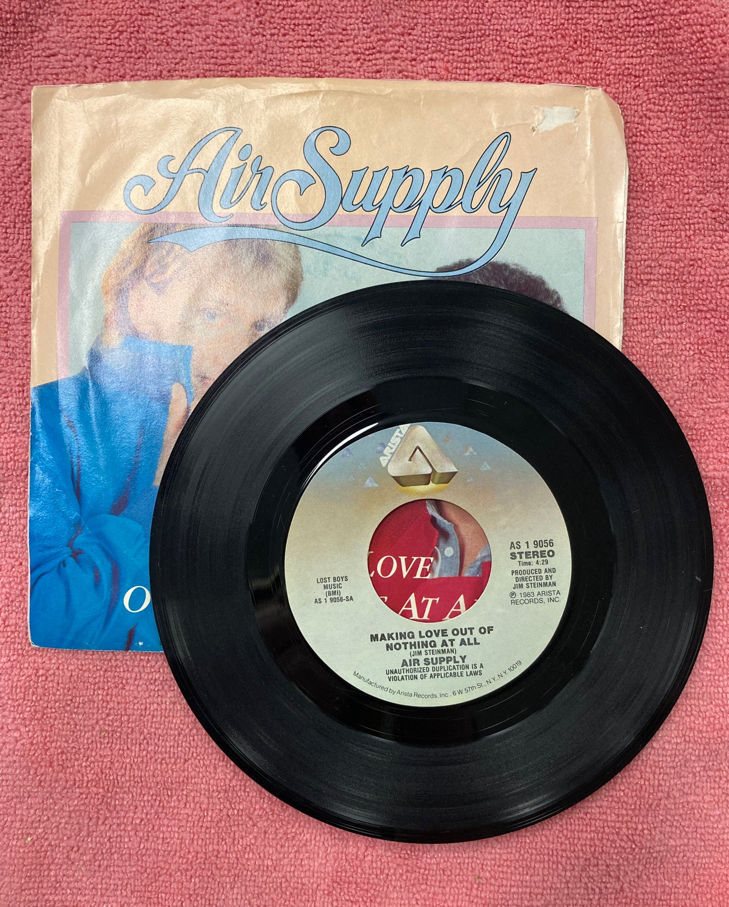 45 double sided record  Air Supply "Making love out of nothing at all" and "Late again ( live version)"