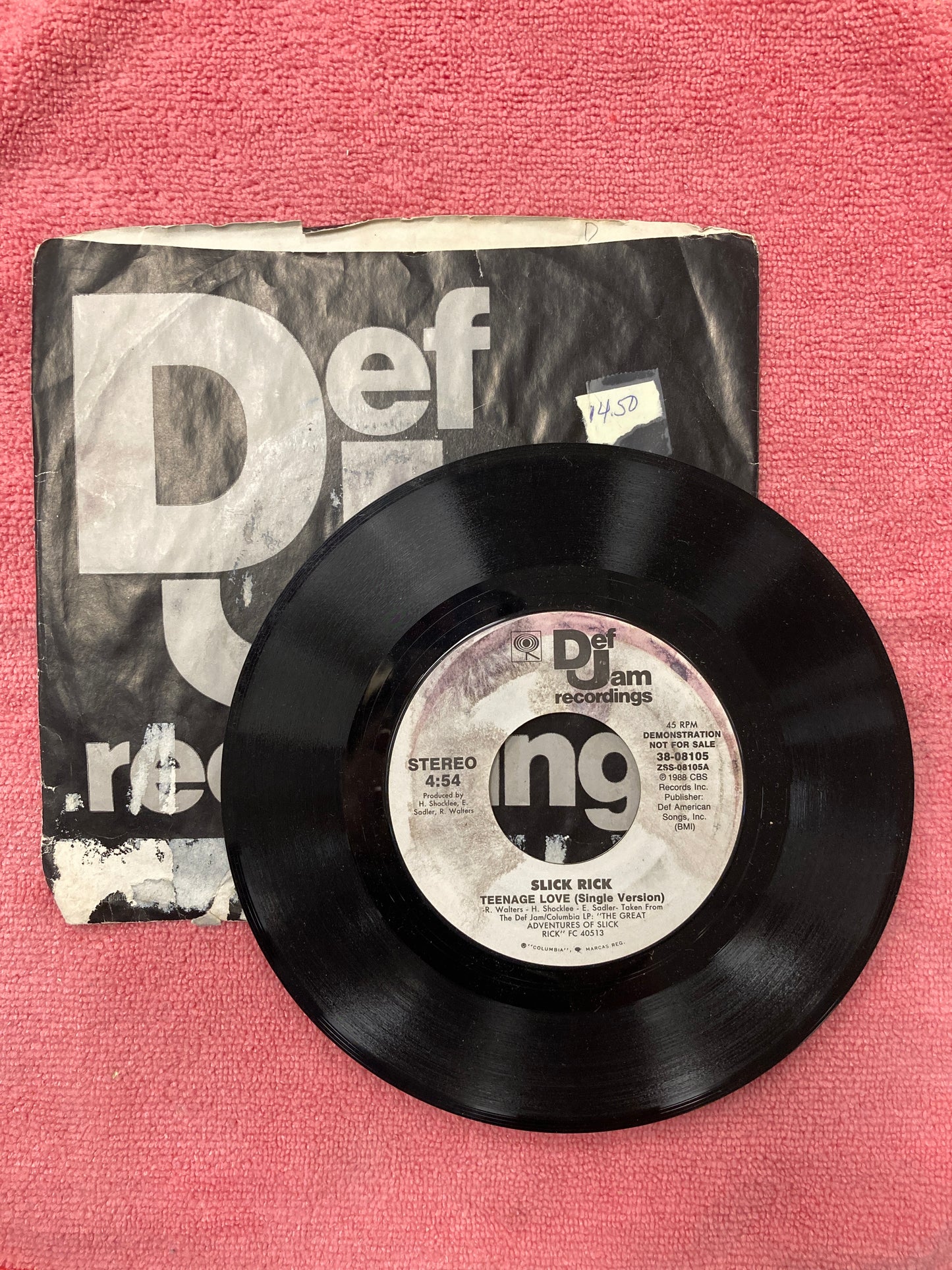 45 double sided record Slick Rick "Teenage Love" Single and edited version