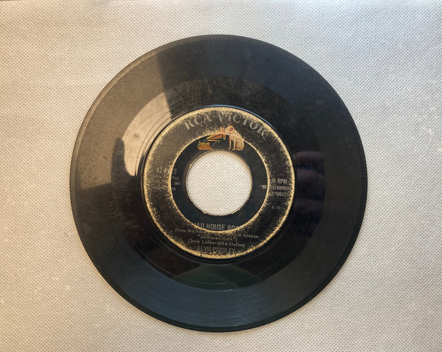 45 double sided Elvis Presley record "Jail House Rock" and "Treat Me Nice"