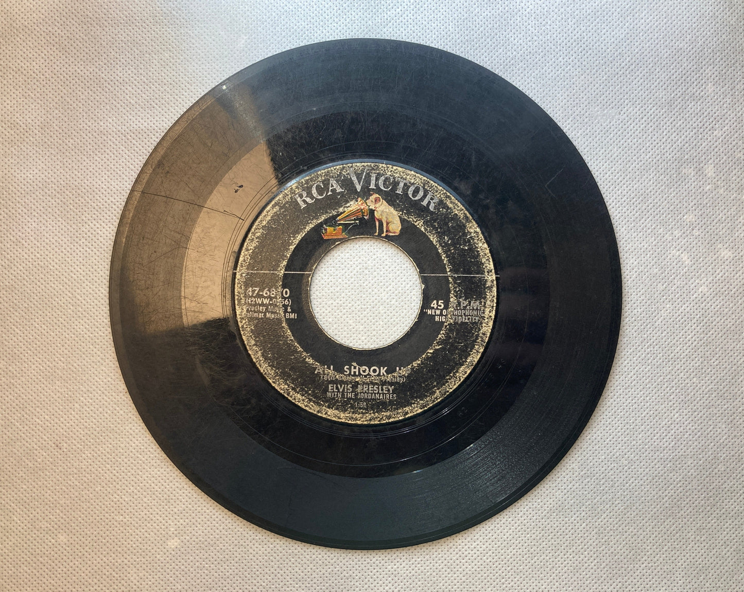 45 double sided Elvis Presley record "All shook up" and "that's when your heartaches begin"