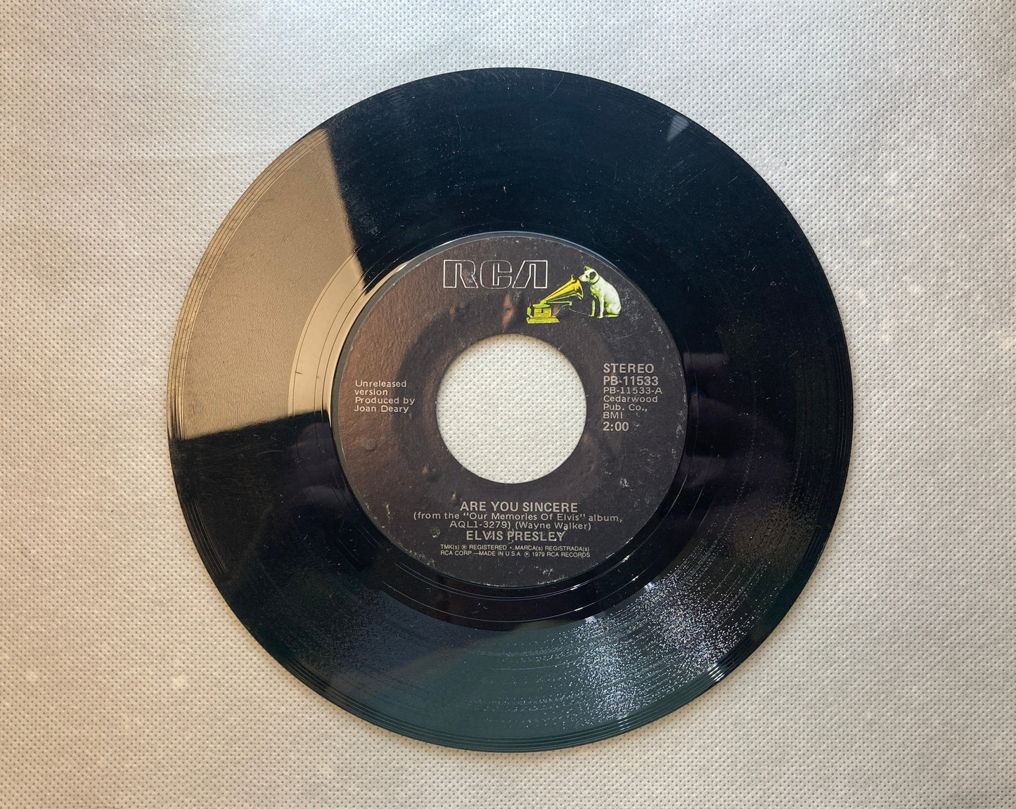 45 double sided Elvis Presley record "Solitaire" and "Are you sincere"