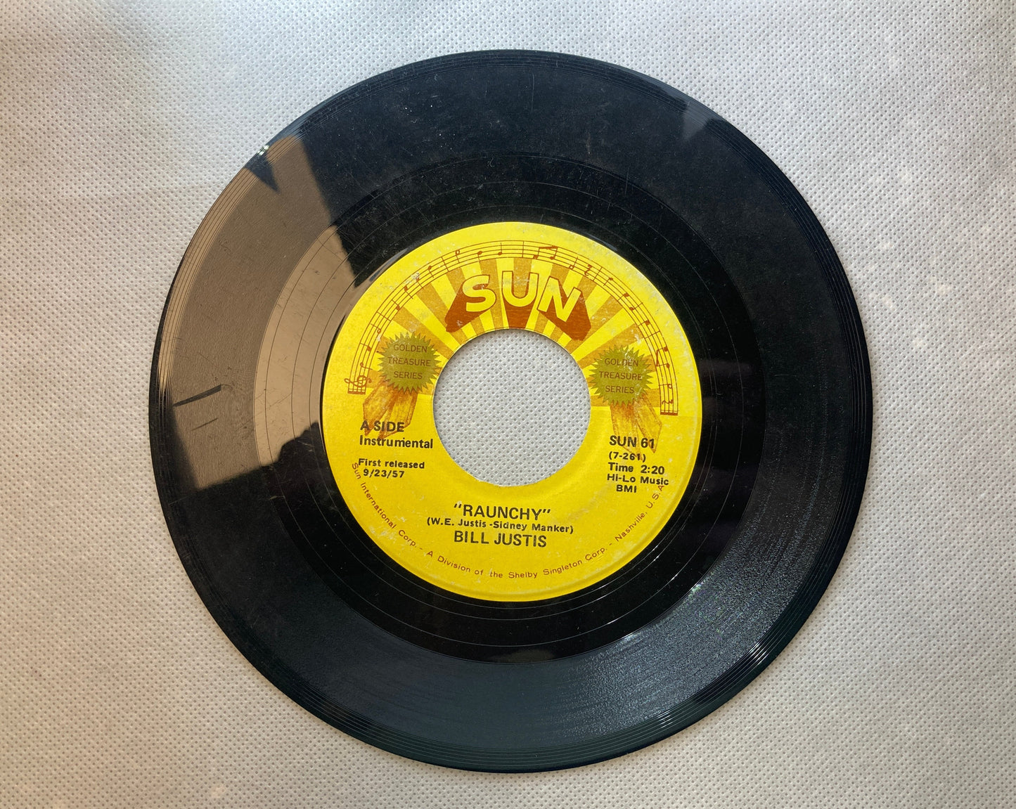 45 double sided Bill Justis record "Raunchy" and "The Midnite Man"