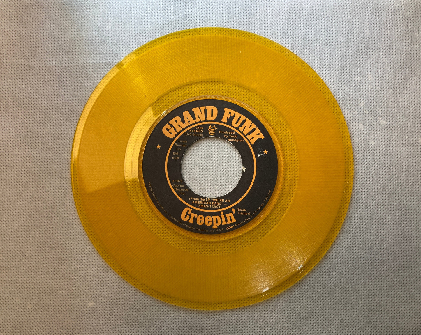 45 double sided Grand Funk record "Creepin' " and "We're an american band"