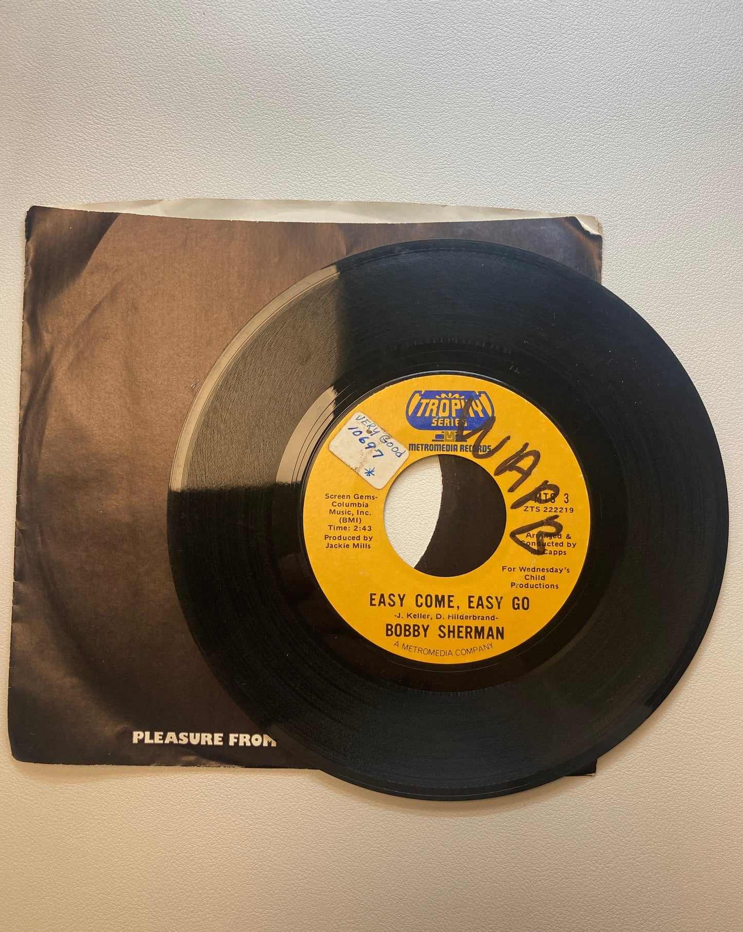 45 double sided Bobby Sherman record "Hey,mister sun" and "Easy come,easy go"