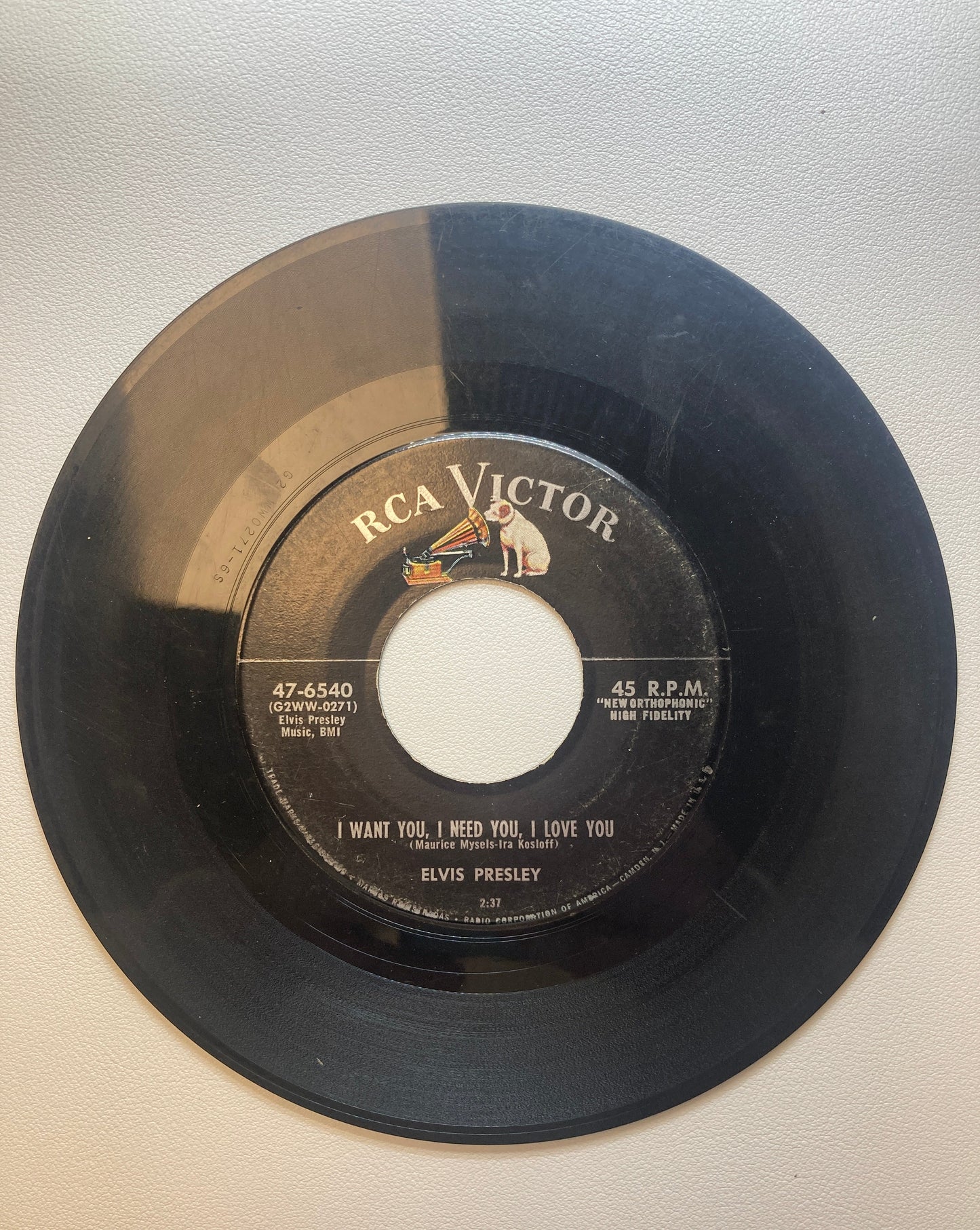 45 double sided Elvis Presley record "My baby left me" and "I want you, I need you, I love you"