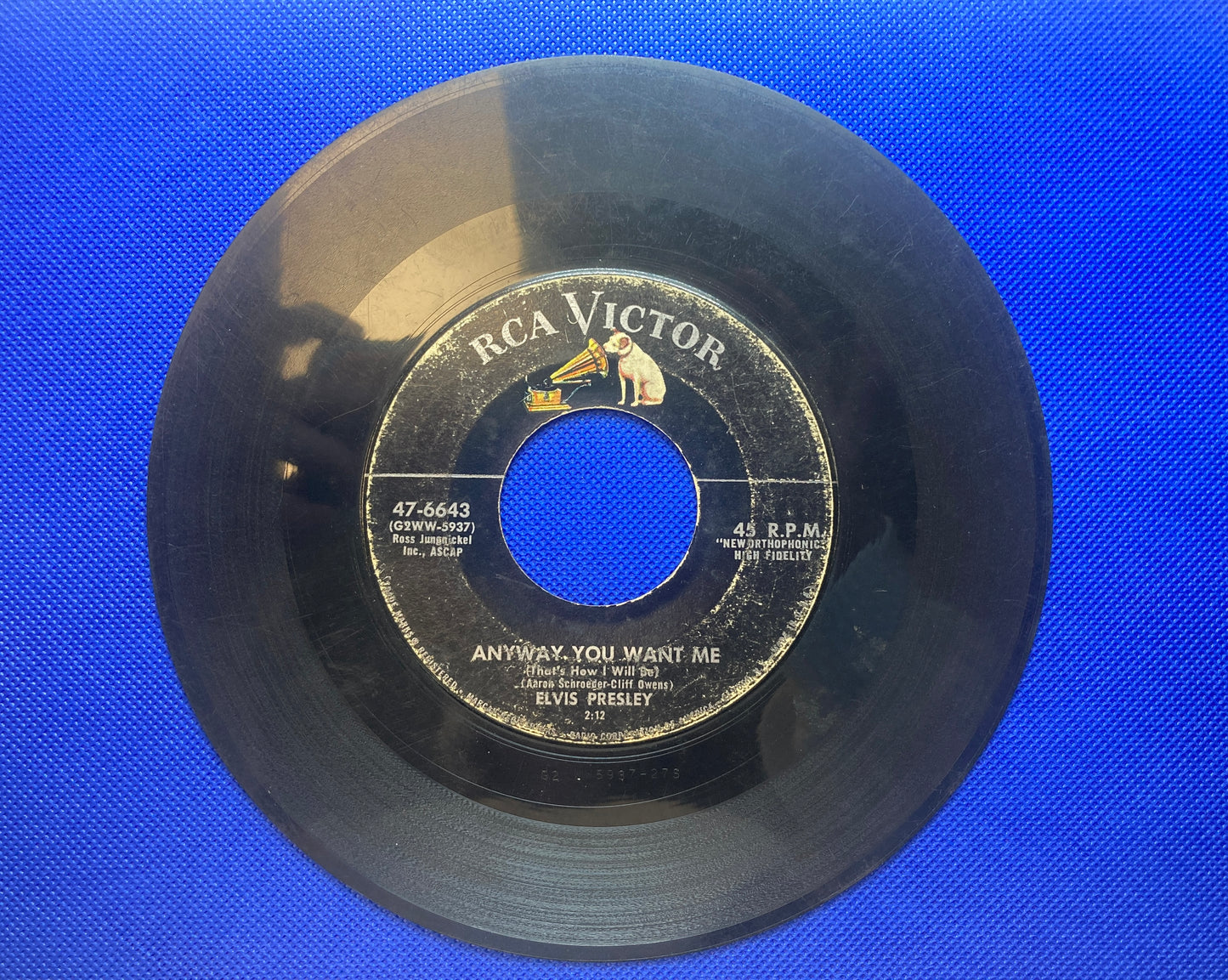 45 double sided Elvis Presley record  "Love me tender" and "Anyway you want me"