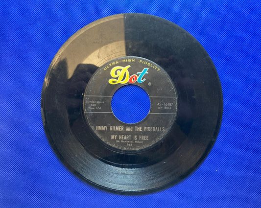 45 double sided Jimmy Gilmer and The Fireballs record "Sugar Shack" and "My Heart is Free"