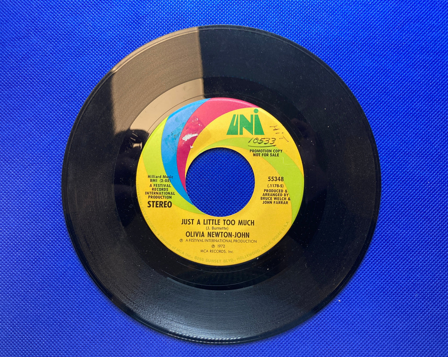 45 double sided Olivia Newton John record "Just a little too much" and "My old man's got a gun"