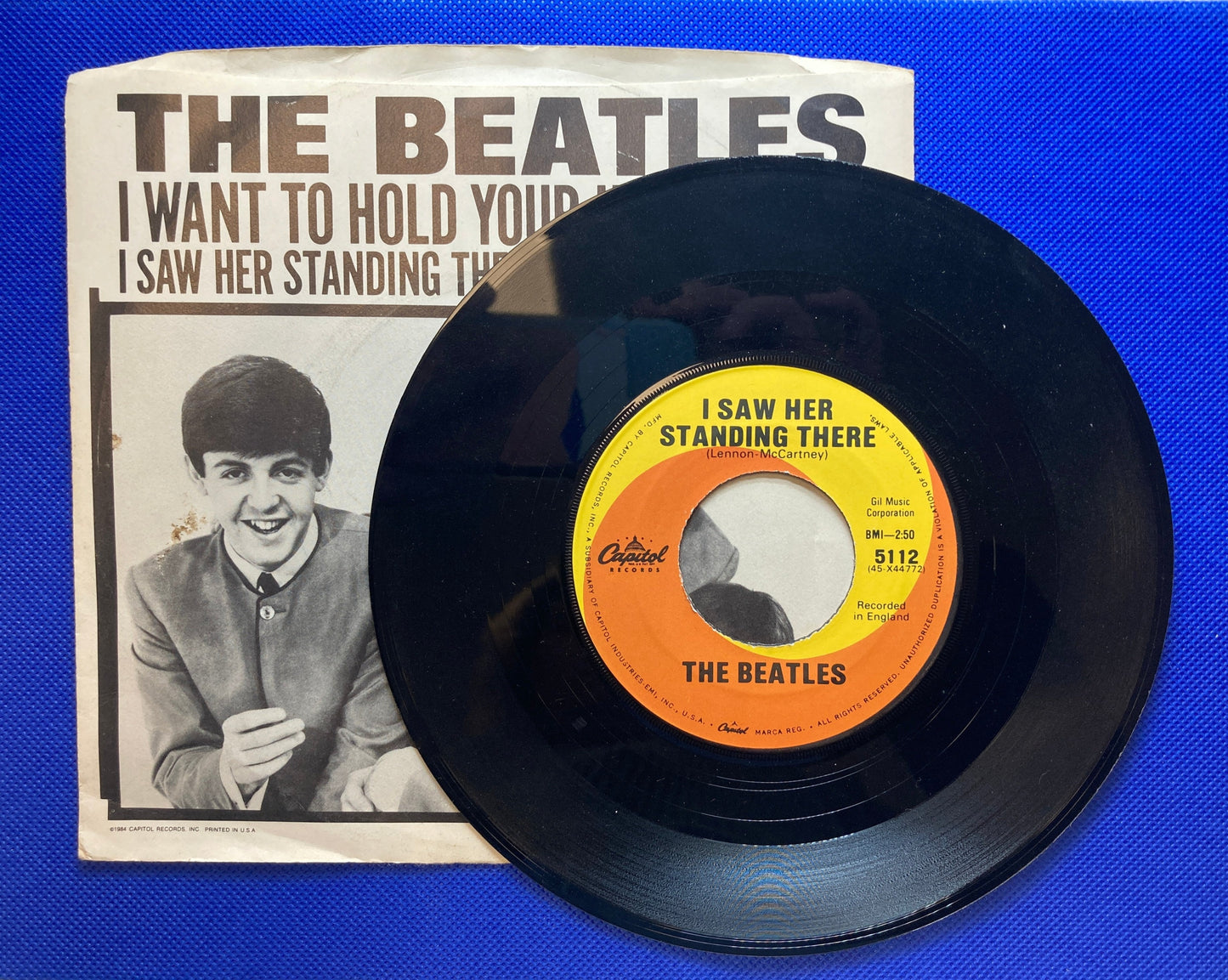 45 double sided The Beatles record "I want to hold your hand" and "I saw her standing there"