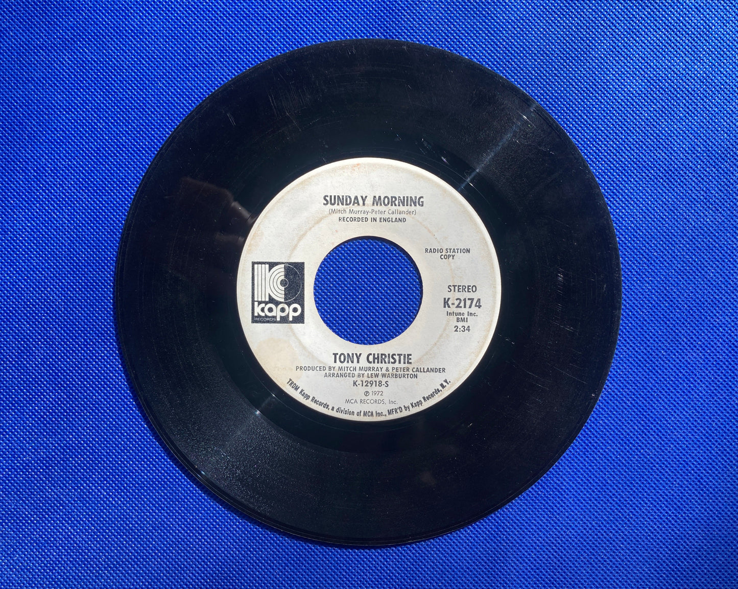 45 double sided Tony Christie record "Don't go down to reno" and "Sunday Morning"