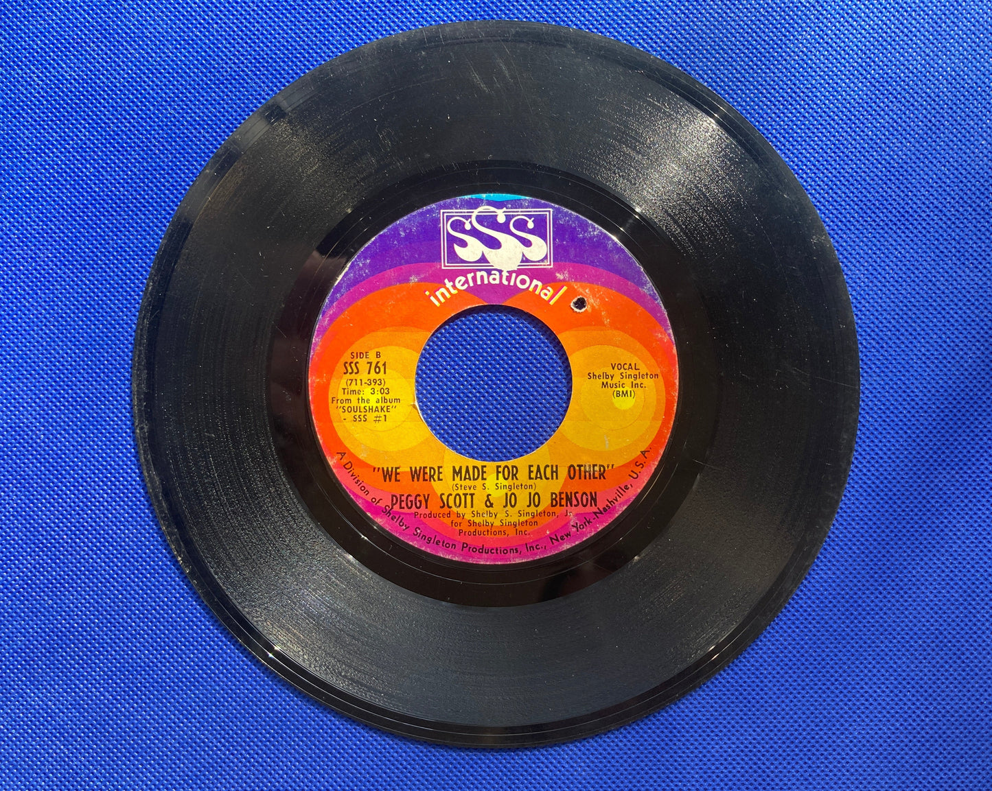 45 double sided Peggy Scott & Jo Jo Benson record "We were made for each other" and "Soulshake"