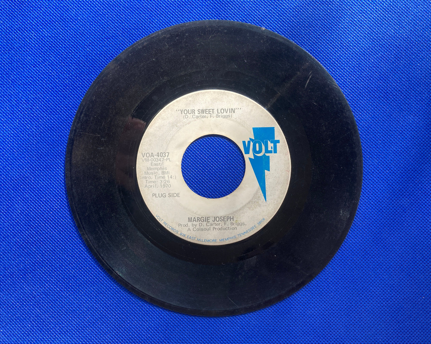 45 single sided Margie Joseph record "Your sweet lovin"