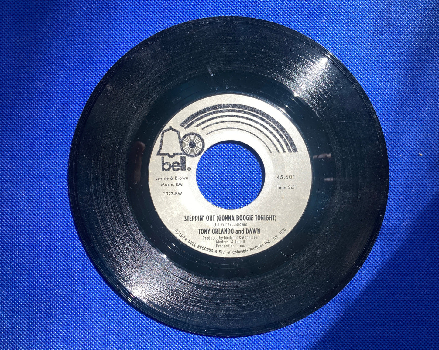 45 double sided Tony Orlando and Dawn record "Steppin' out ( gonna boogie tonight)" and "She can't hold a candle to you"