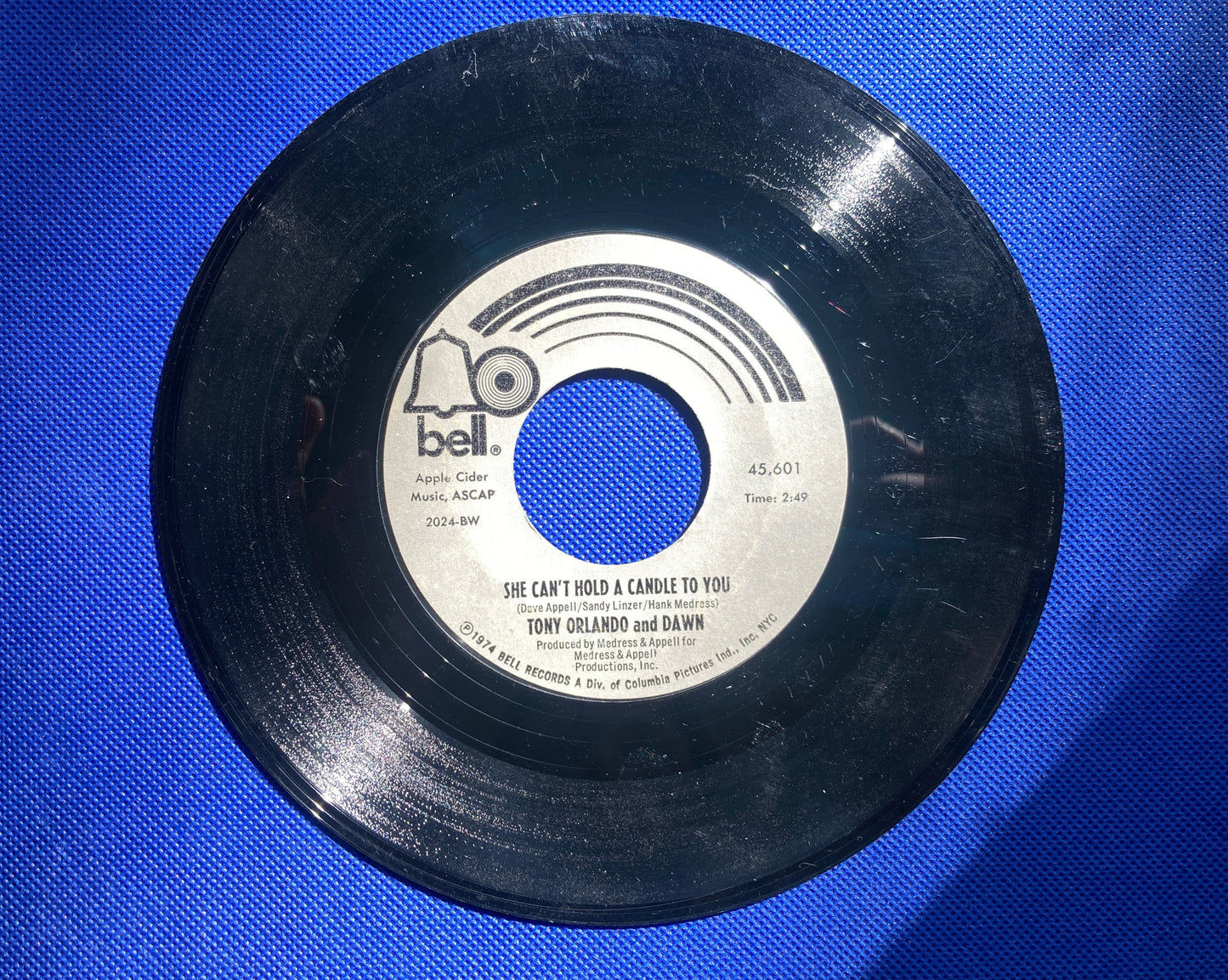 45 double sided Tony Orlando and Dawn record "Steppin' out ( gonna boogie tonight)" and "She can't hold a candle to you"