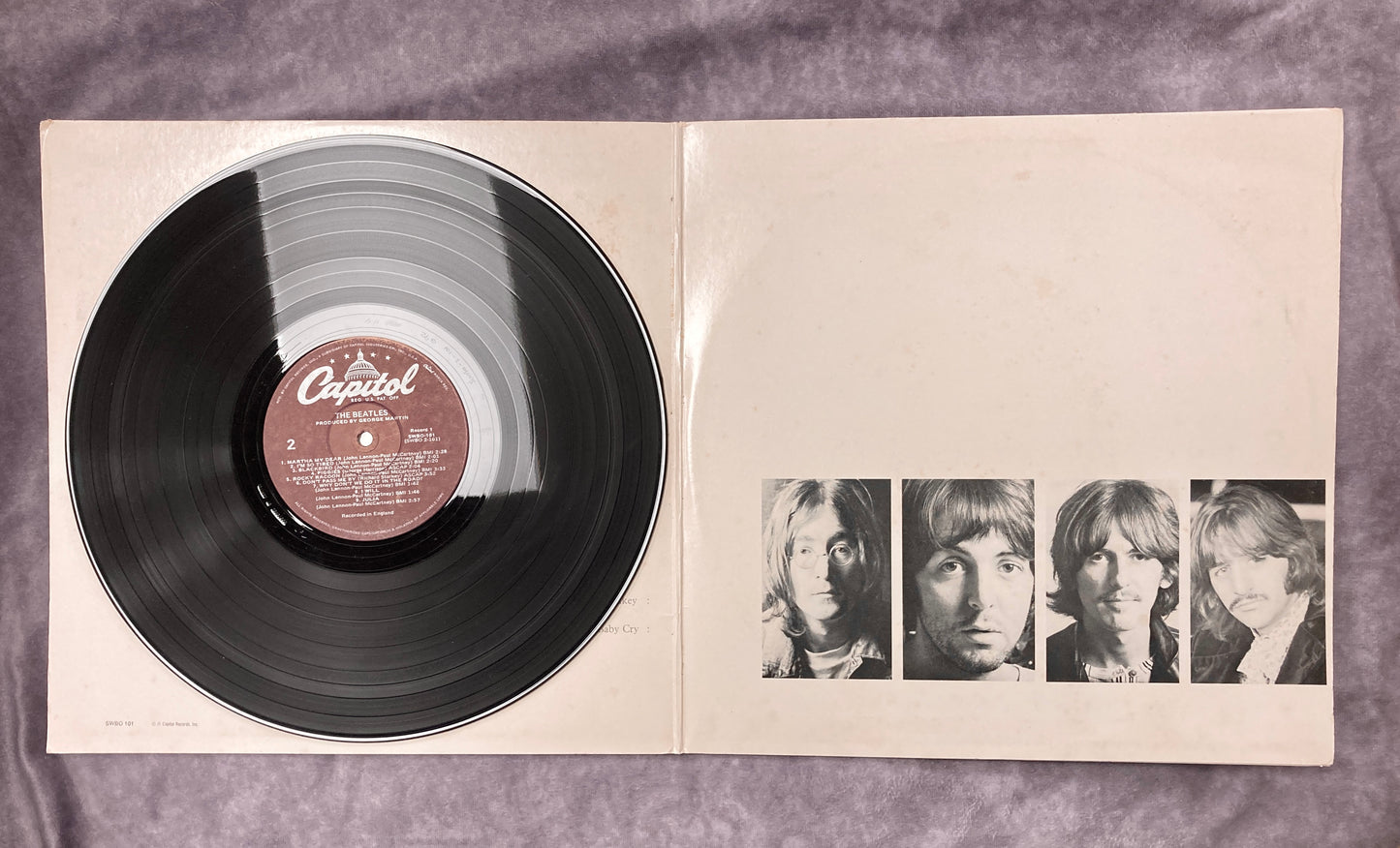 2 LP The Beatles white album with songs including "Martha my dear" , "Cry Baby Cry" and "Birthday"